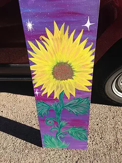 HELLO SUNSHINE: Venegas paints on more than surfboards and uses more than yoga for inspiration in this piece, entitled "Purple Skies." - PHOTO COURTESY OF VANESSA VENEGAS
