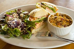 BRICK WORKS TRIO :  One of the many trio selections at the new restaurant Taste includes mixed baby greens with Cotija cheese and a toasted coriander lime vinaigrette, Salmon Sammy sandwich and sharp cheddar, with bacon macaroni and cheese. - PHOTO BY STEVE E. MILLER
