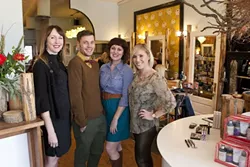 BLUEBIRDS OF HAPPINESS : Salon owner Ariel Shannon and fellow “birdies” Tyler Freeman, Jessi Campbell, and Rhyan Townsend are among the stylists donating their time for the hair and makeup makeover contest. Danielle Roberts (not pictured) will also donate her time. - PHOTO BY STEVE E. MILLER