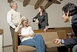 REDECORATE OR DIE : Peggy, played by Jean Miller (seated), is an upstate New York housewife who redecorates her living room in protest of the Bush administration. David Norum, Jenny Shaheen, and John Carroll (left to right) try to save her from her delusions in The Fourth Wall. - PHOTO BY STEVE E. MILLER