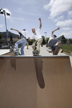 NOT OVER THE HILL YET : Jonny Miller, Jono Hicks, and Scott Kam (left to right) are pushing for a new skate park in San Luis Obispo; one of the biggest challenges has been in organizing the skaters who will use it. - PHOTOS BY STEVE E. MILLER
