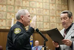 WELCOME! : Ralph Martin (left) was sworn in as Santa Maria’s new police chief on Dec. 18, 2012. Pictured right is former Santa Maria Mayor Larry Lavagnino. - PHOTO BY STEVE E. MILLER