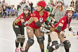 B-E AGGRESSIVE: Ivanya Skulz, Blaque’N DeckHER, and My Sharona battle it out with A-Town Asylum. - PHOTO BY STEVE E. MILLER