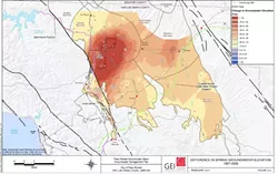 A DEEPENING CRISIS: County maps show declines in water levels since 1997; areas in red mark a 70-foot drop or more. - IMAGE COURTESY SLO COUNTY PUBLIC WORKS