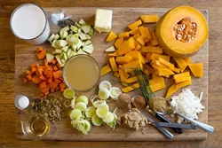 INGREDIENT SPREAD: Staff Photographer Steve E. Miller took it upon himself to try out the recipe for the butternut squash soup in this week’s cuisine column and an assortment of the ingredients is pictured here. Steve notes that because of the differences in ovens, you might need to modify the timing of the parts of the recipe to suit your own appliance. Overall, the soup came out deliciously! - PHOTO BY STEVE E. MILLER