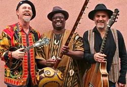 AFROMERICANA!: (left to right) Joe Craven, Mamadou Sidibe, and Walter Strauss are Mamajowali, a new trio that mashes up African and Americana music, - playing Feb. 20 at Benedict’s Church in Los Osos. - PHOTO COURTESY OF MAMAJOWALI