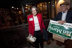 IN A HURRY : We missed basically all of victorious San Luis Obispo Mayor Jan Marx’s election night party, but she nonetheless spared a minute to shake hands and pose for a glamour shot. - PHOTO BY STEVE E. MILLER