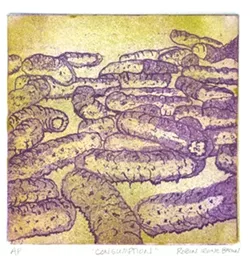 CONSPICUOUS CONSUMPTION: Robin Irvine Brown’s sickly shades infect the etching with color. - IMAGE COURTESY OF LAUREN MILBOURNE