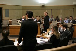 I OBJECT! :  A student lawyer (left) from Mission Prep objects to a question by a student lawyer from North County Christian School (right). - PHOTOS BY GLEN STARKEY