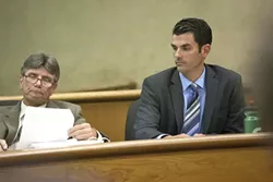 WHICH ONE WILL PREVAIL? : As of press time, the jury was still out in the case against San Luis Obispo firefighter John Ryan Mason, who stands accused of brutally beating a bar patron in June 2011. - PHOTOS BY STEVE E. MILLER