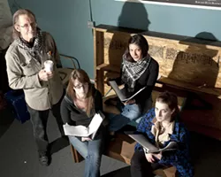 THE MANY SIDES OF RACHEL : Pictured, from left to right, is director Michael Siebrass and actors Lauren Moore, Tanya Gallardo, and Katherine Perello—who share the role of Corrie in the Reader’s Theatre production of My Name is Rachel Corrie. - PHOTO BY STEVE E. MILLER