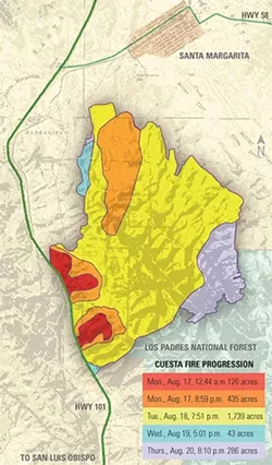 BIG-ASS MAP: The unified command fighting the Cuesta Fire used several maps to track the fire and the units responding to it—one of those was affectionately called the “BAM.” Seen in this map is the footprint of the fire and where it spread by day. - SOURCE: CAL FIRE/U.S. FOREST SERVICE