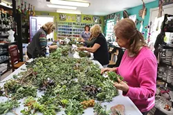 A WEALTH OF SUCCULENTS: Joan Martin Fee shows Diane Toman, Cindi Karlen, Sandy Ashby, and Lana Hollady how to make succulent wreaths at the Design Studio in Los Osos. - PHOTO BY DYLAN HONEA-BAUMANN