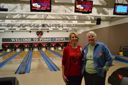TWO FOR PRICE CANYON: Pismo Beach City Council candidates Marcia Guthrie (left) and Sheila Blake (right) gathered on the night of Nov. 4 to bowl a few frames and track the election returns. - PHOTO BY RHYS HEYDEN
