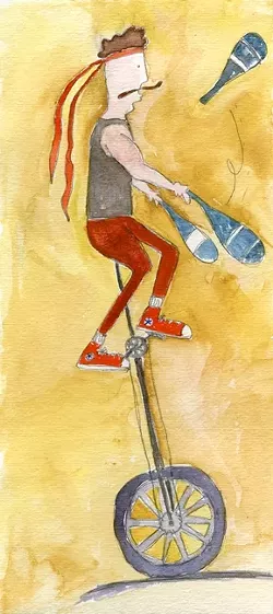 AMAZING FEATS : Mark Wilder sparks smiles and laughs on one wheel. - ILLUSTRATION BY LAUREN COOK