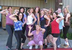 MOVERS AND SHAKERS UNFORTUNATELY, :  Sue Scheel explained, the group&rsquo;s only male participant was on vacation when this picture was taken at Champions Health Club in Atascadero. Malinda, the Zumba instructor, is in the middle (long brown hair and pink headband). Sue is next to her in the black Zumba top. - PHOTO COURTESY OF SUE SCHEEL