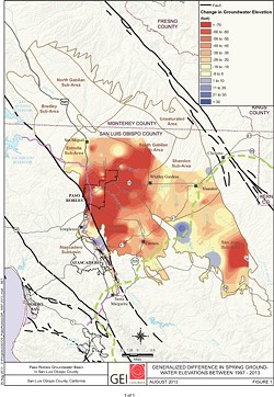 WELLS RUNNING DRY:  A second map, released this summer, shows a significant decrease in the span of six years. - IMAGE COURTESY SLO COUNTY PUBLIC WORKS