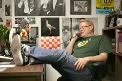 NOW: Morning Cup host and Music Director Neal Losey kicks back in his KCBX 90.1FM office now, a quarter century after he first took to the airwaves. - PHOTO BY GLEN STARKEY