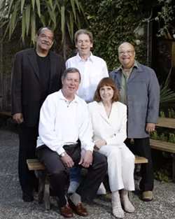 CAMBRIA’S OWN JAZZ COLONY : Standing, left to right: Ernie Watts, Jay Graydon, and Red Holloway. Seated: Charlie and Sandi Shoemake. - PHOTO BY STEVE E. MILLER