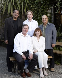 CAMBRIA&rsquo;S OWN JAZZ COLONY :  Standing, left to right: Ernie Watts, Jay Graydon, and Red Holloway. Seated: Charlie and Sandi Shoemake. - PHOTO BY STEVE E. MILLER