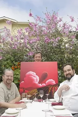 MR. BIG : Winemaker Stillman Brown (center) is eager to party with poet Elvis Kokopelli (left) and Chef Bill Hoppe at his benefits to aid Cal Poly viticulture students. - PHOTO BY STEVE E. MILLER