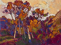 TREELINE:  Although Erin Hanson prefers to be in Paso Robles, she sometimes trades oaks for eucalyptus. In this painting, the slender trees take on a warm, sun-drenched quality. - PHOTO COURTESY OF ERIN HANSON