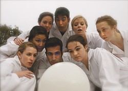 AN EVENING OF WONDER :  Josh Machamer uses well-timed choreography, minimal costumes, and no dialogue to bring imaginative storytelling to Cal Poly. Pictured (top row) are Natalie Keller, Arash Shahabi, and Ellen Jones. Bottom row: Shelby Lewis, Amy Shank, Eric Cutruzzula, Katharine Epstein, and Kelly Jackson. - PHOTO BY TIM DUGAN