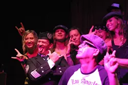 HELL AIN’T A BAD PLACE TO BE! : (Left to right) Concertgoer Joanne Halvorson, bagpiper Paul Dunn, lead guitarist Josh Blodgett, lead singer Kelly Atwell, contest winner and birthday boy Damon Haydu, bassist Andy Shellcross, and New Times graphic designer Dora Mountain take to the stage after the show. - PHOTOS BY GLEN STARKEY