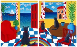 HER LAST PAINTING: Thanks to as yet undiagnosed neurological problems and other health concerns, Cathy hasn’t made a new painting since 2011. This, “Dog / Cat Window to the Sea,” was her last. - PHOTO COURTESY OF CATHERINE LEE NEIFING