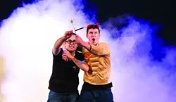 BEWITCHED, BOTHERED, AND BEWILDERED: James Percy (glasses; left) and Delme Thomas (horns; right) are the stars of the laugh-out-loud production Potted Potter, which attempts to stuff all seven 'Harry Potter' books into 70 minutes. - PHOTO COURTESY OF CAL POLY ARTS