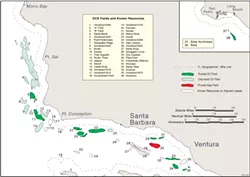 OIL AND WATER : This map shows oil and gas reserves off the Central Coast. This area—together with part of Northern California’s coast—is being considered for drilling. The dotted line running along the shore represents the boundary between state and federal waters, about three miles out. - IMAGE COURTESY OF DEPARTMENT OF INTERIOR/MINERALS MANAGEMENT SERVICE