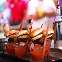 MEATGASM! :  Alex&rsquo;s Bar-B-Q won first place for Best Bloody with this concoction topped with barbecued meats and a pulled pork slider.