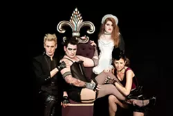 SWEET TRANSVESTITE : Kelrik co-founder Erik Austen (in chair) plays transvestite/mad scientist Dr. Frank ‘n’ Furter, in The Rocky Horror Show Live. Mark Rohner (as Riff Raff, far left), Taylor Peters (Magenta, right), and Karyn Blaney (Columbia, far right) are part of his band of misfits. - PHOTO BY DANIELLE DUTRO PHOTOGRAPHY