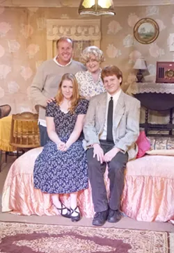 AWKWARD FAMILY PHOTO : Joe Eister, Jill Turnbow, Christina Fountain, and Kasady Riley star in Tennessee Williams’ The Glass Menagerie, directed by Nehemiah Persoff, at the Pewter Plough Playhouse. - PHOTO BY BRETT WHITE