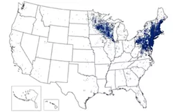 THE SPREAD: Each dot represents a reported case of Lyme disease in 2011. The dots are randomly placed in counties where a patient lives—not where he or she was infected. - IMAGE COURTESY OF THE CENTERS FOR DISEASE CONTROL