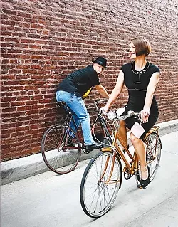 HEELS ON WHEELS : Sophie Boban (right) is responsible for organizing a Bike Month fashion show and Paul Doering (left, mouth agape) will be constructing the catwalk - PHOTO BY MEGAN MASTACHE