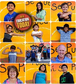 IMMERSED IN LANGUAGE : Pacheco Elementary students, Principal Rick Mayfield, and first-grade teacher Cindy Peters take a break from summer vacation to show their - pride in their school and its two-way language immersion program. - PHOTOS BY STEVE E. MILLER