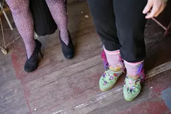 ARTISTIC FEET : My wife Anna (left) and Dianne “Lady Tie Di” Brooke (right) show off their fashion sense at in the Garden Shed.