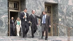 WAITING FOR A VERDICT : Lynch left court with his public defenders, John Littrell (left) and Reuven Cohen (right) after closing arguments. Less than 24 hours later he would receive an answer. - PHOTO COURTESY OF RICK RAY FILMS