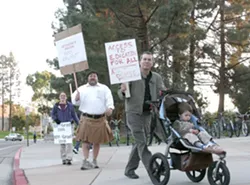 PHASED OUT? : Student protesters gathered in front of the Administration building at Cal Poly on Nov. 9 after learning the dean of Continuing Education planned to initiate a process to discontinue the Adult Degree Program. - PHOTO BY MATT FOUNTAIN