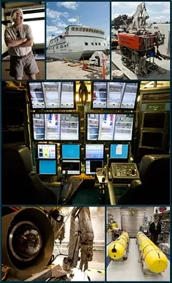 INTO THE DEEP : (Clockwise from top left) Senior MBARI researcher Patrick Whaling; the Western Flyer; MBARI’s ROV the Ventana; the three-man control room aboard the Western Flyer; MBARI’s pair of AUV’s; and the eye of the Doc Ricketts. - PHOTOS BY STEVE E. MILLER