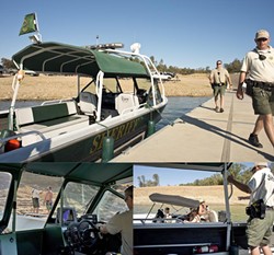 WATER PATROL :  (clockwise from top) Deputies Todd Steeb (left) and Mike Norris return to their boat after checking in at their Nacimiento headquarters; an operator confirms to Deputy Norris that his fire extinguisher is properly charged; and fortunately Deputy Norris determines that this boat operator was not under the influence of alcohol and was safely operating his craft. - PHOTO BY STEVE E. MILLER