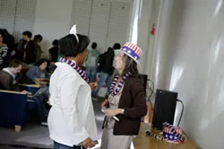 CAL POLY GETS A LESSON IN HISTORY : Dr. Gloria Velasquez and Renoda Campell celebrate. - PHOTO BY STEVE E. MILLER