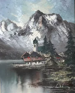 IT’S MINE! ALL MINE! : I bought this odd little image of Berchtesgaden, Germany, for $5. After cleaning off the bird droppings, I discovered the typed description on the back had attributed it to the wrong artist. - PHOTO BY GLEN STARKEY