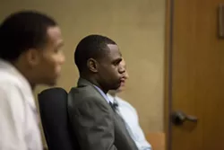 DAY(S) IN COURT: Defendants (from left to right) Dominique Love, Cortland Fort, and Jake Brito, as well as Kristaan Ivory (not pictured), began their preliminary hearing in SLO Superior Court on Jan. 12. The hearing is expected to conclude on the afternoon of Jan. 15, at which time the presiding judge will decide if the case will move to trial. - PHOTO BY KAORI FUNAHASHI