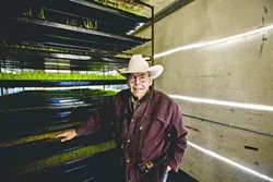 HYDROPONIC GRASS: Jack Varian stands next to one of his fodder sprouting racks, where he sprouts barley seed to feed to his cattle. - PHOTO BY HENRY BRUINGTON