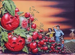 TOMATO DEATH MASK : Larkins calls his art juxtaposed art and indeed mix things he does. Title: Bumper Crop in Denial Valley. - IMAGE COURTESY OF DENNIS LARKINS