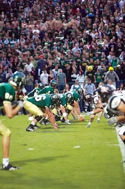 LINEUP : Fans can expect to see a number of faces on the Cal Poly offense for several years yet. The entire starting unit will lose only three seniors after this season. - PHOTO BY PATRICK M. KLEMZ