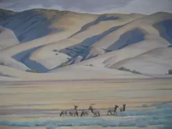 WHERE THE ELK AND THE ANTELOPE PLAY : Californias unique tule elk, once nearly extinct, are now thriving at Carrizo Plain National Monument, as depicted in this section of a visitors center mural by John Iwerks. - PHOTO BY KATHY JOHNSTON