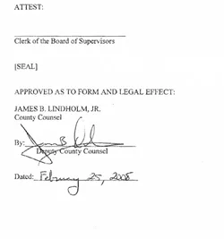 SHOW ME A SIGN : Former county counsel James Lindholm's signature on this resolution is dated nearly a month after his death.